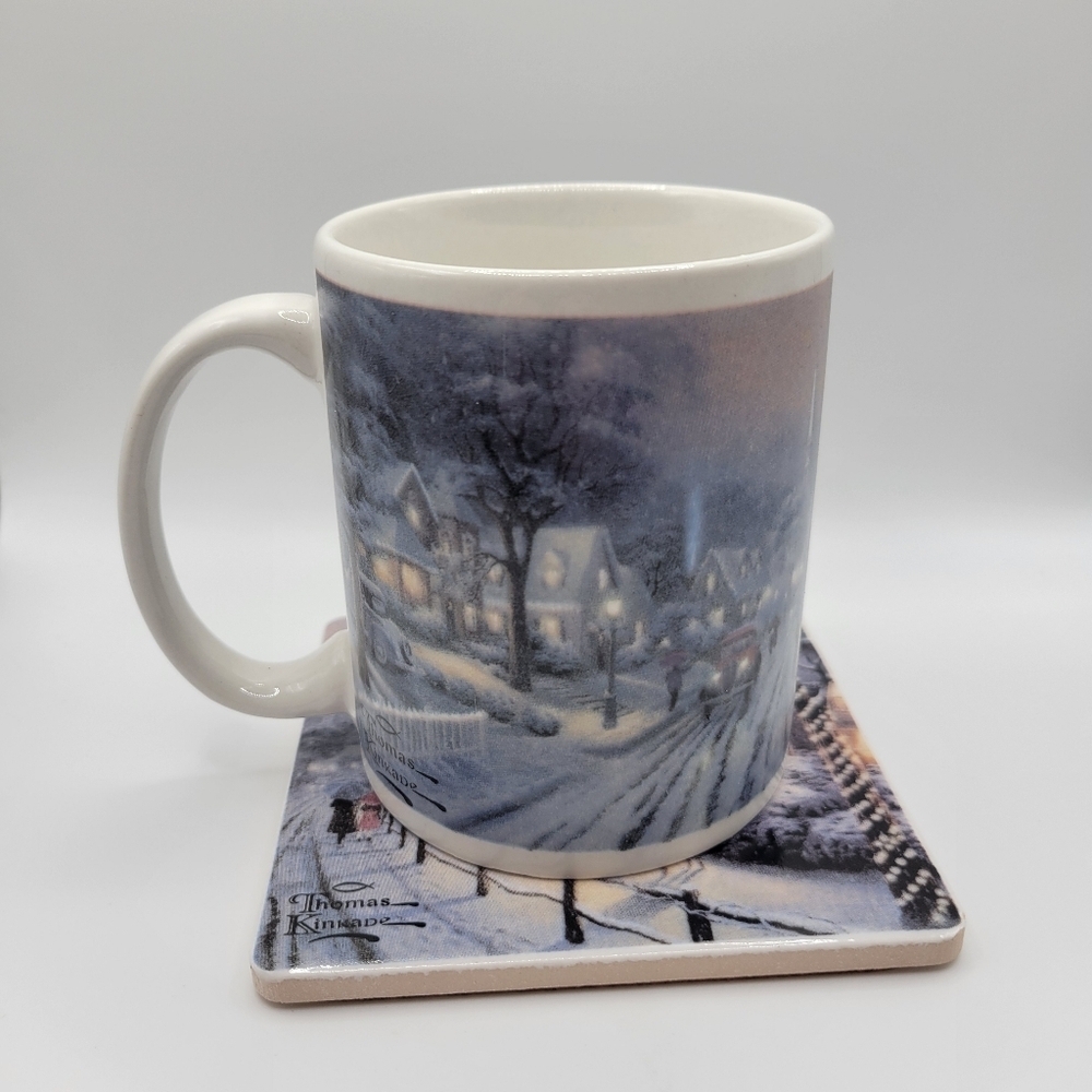 Vintage Thomas Kinkade 2008 Hometown Christmas Memories Ceramic Mug & Coaster